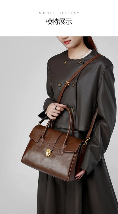 Women's Cow Real Leather Retro Shoulder Bags Ladies Natural Cowhide Bag