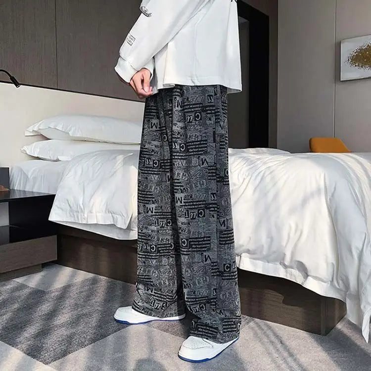 Trendy Harbor Style Retro Wide-leg Pants Used in Old Newspaper Full Print Loose Straight Casual Trousers Men