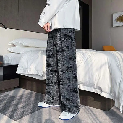 Trendy Harbor Style Retro Wide-leg Pants Used in Old Newspaper Full Print Loose Straight Casual Trousers Men