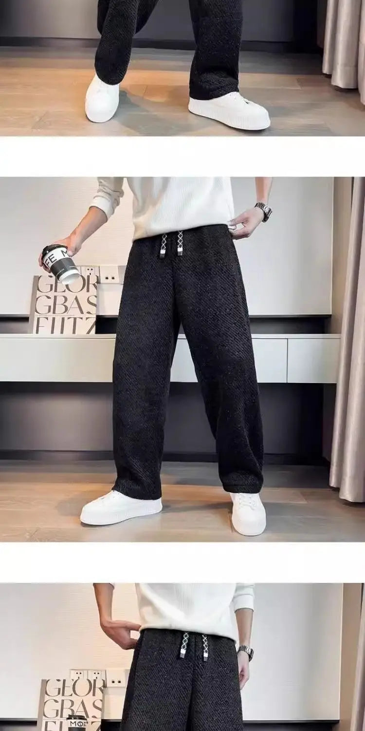 Autumn Winter Loose Men's Sherpa Fabric Straight Pants Man Fashion Thick Pockets Trousers Solid Color Male Clothes