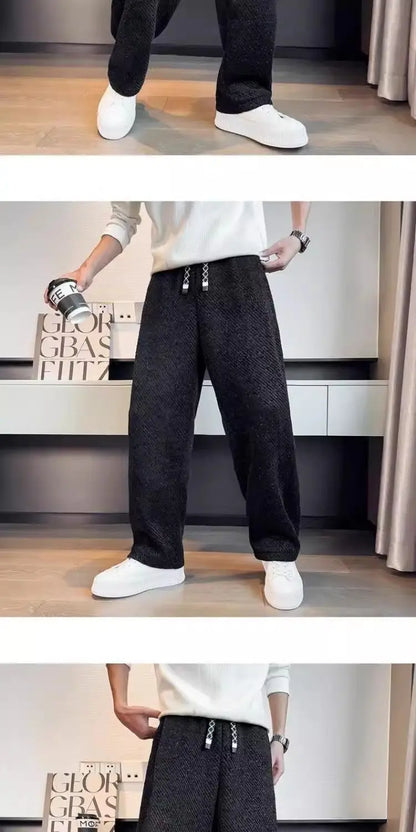 Autumn Winter Loose Men's Sherpa Fabric Straight Pants Man Fashion Thick Pockets Trousers Solid Color Male Clothes