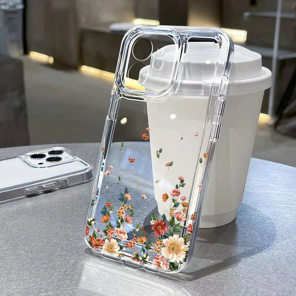 Flower Case For iPhone 11 Cases iPhone 15 12 13 14 16 Pro Max X XR XS Max 14 15 Plus 16Pro iPhone16 Clear Shockproof Cover Funda