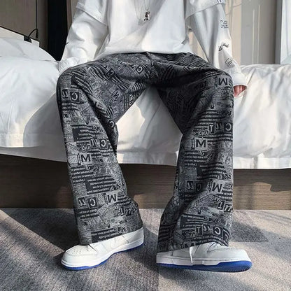 Trendy Harbor Style Retro Wide-leg Pants Used in Old Newspaper Full Print Loose Straight Casual Trousers Men