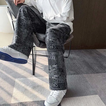 Trendy Harbor Style Retro Wide-leg Pants Used in Old Newspaper Full Print Loose Straight Casual Trousers Men