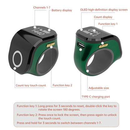 Smart Tasbih Tally Counter OLED Digital, Zikr Ring Finger Waterproof USB Counters Prayer