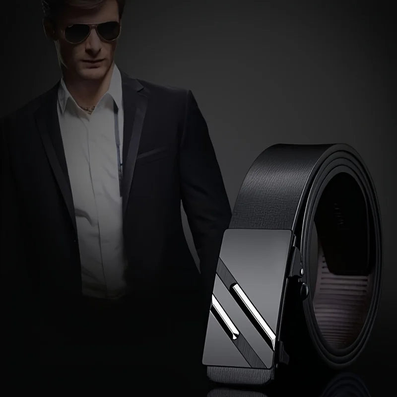 Men's belt made of synthetic leather with an automatic alloy buckle, durable and suitable for casual and semi-formal occasions.