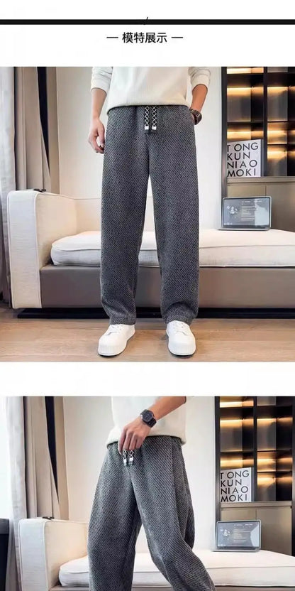Autumn Winter Loose Men's Sherpa Fabric Straight Pants Man Fashion Thick Pockets Trousers Solid Color Male Clothes