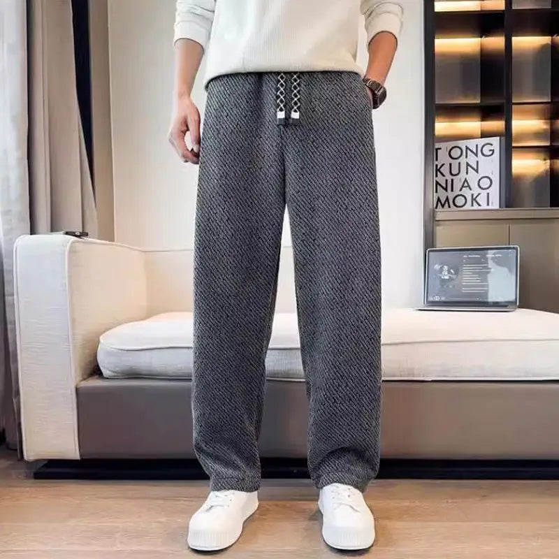 Autumn Winter Loose Men's Sherpa Fabric Straight Pants Man Fashion Thick Pockets Trousers Solid Color Male Clothes