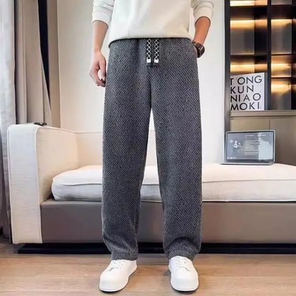 Autumn Winter Loose Men's Sherpa Fabric Straight Pants Man Fashion Thick Pockets Trousers Solid Color Male Clothes