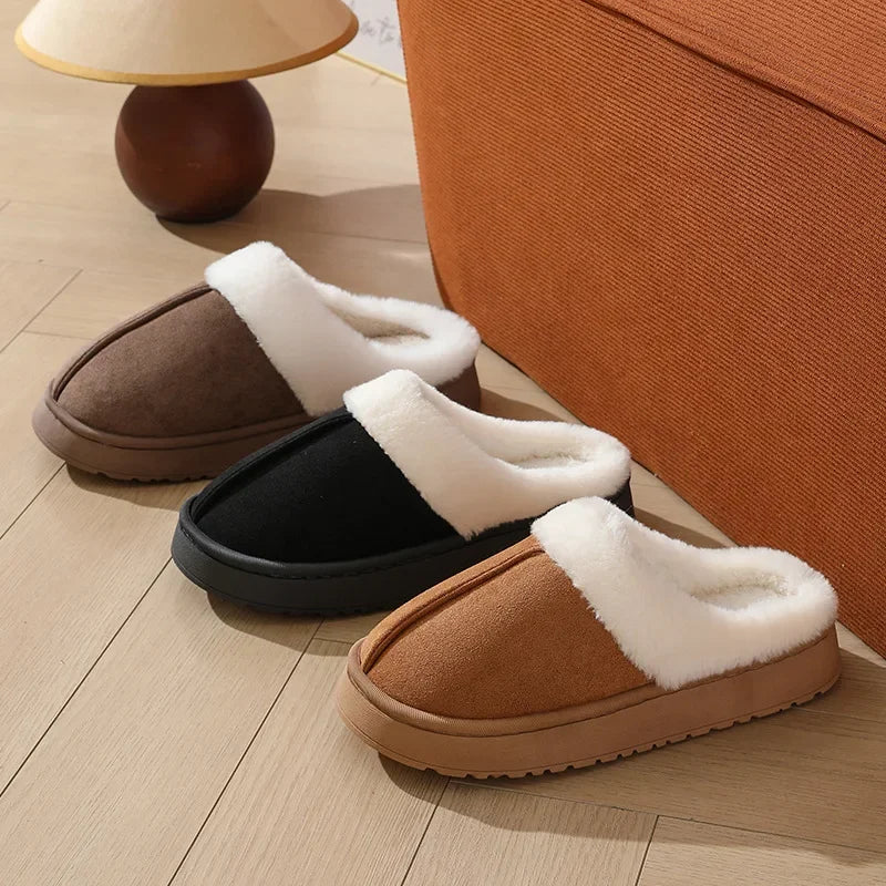 Women's sandal  winter outdoor, thick sole non-slip fur flip flops with fur collar, warm
