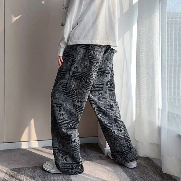 Trendy Harbor Style Retro Wide-leg Pants Used in Old Newspaper Full Print Loose Straight Casual Trousers Men