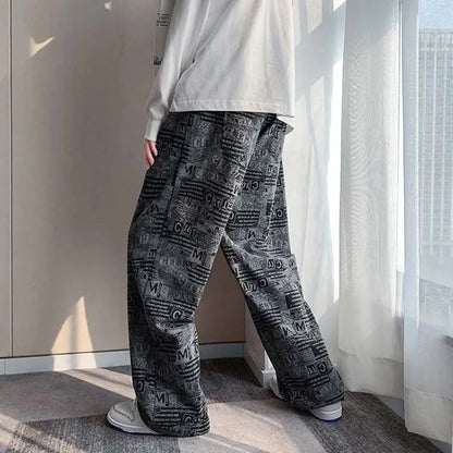 Trendy Harbor Style Retro Wide-leg Pants Used in Old Newspaper Full Print Loose Straight Casual Trousers Men
