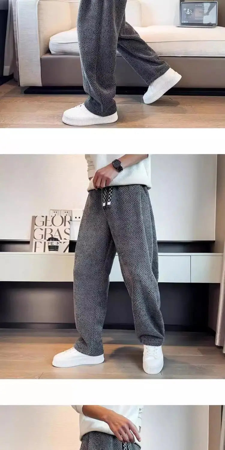 Autumn Winter Loose Men's Sherpa Fabric Straight Pants Man Fashion Thick Pockets Trousers Solid Color Male Clothes