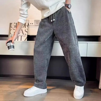 Autumn Winter Loose Men's Sherpa Fabric Straight Pants Man Fashion Thick Pockets Trousers Solid Color Male Clothes