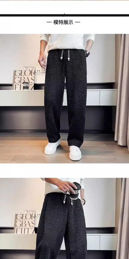 Autumn Winter Loose Men's Sherpa Fabric Straight Pants Man Fashion Thick Pockets Trousers Solid Color Male Clothes