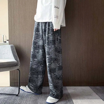 Trendy Harbor Style Retro Wide-leg Pants Used in Old Newspaper Full Print Loose Straight Casual Trousers Men
