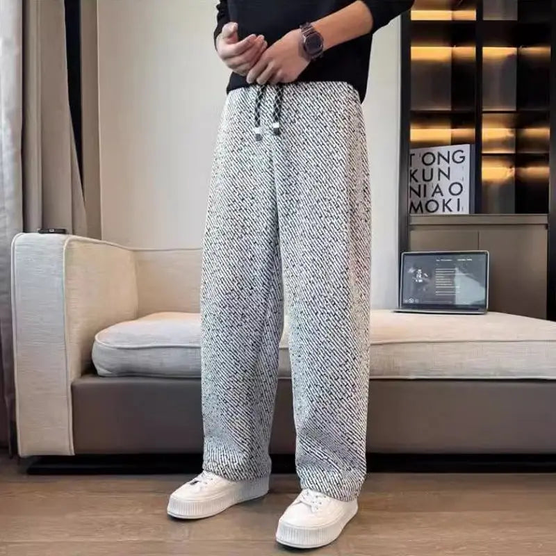 Autumn Winter Loose Men's Sherpa Fabric Straight Pants Man Fashion Thick Pockets Trousers Solid Color Male Clothes