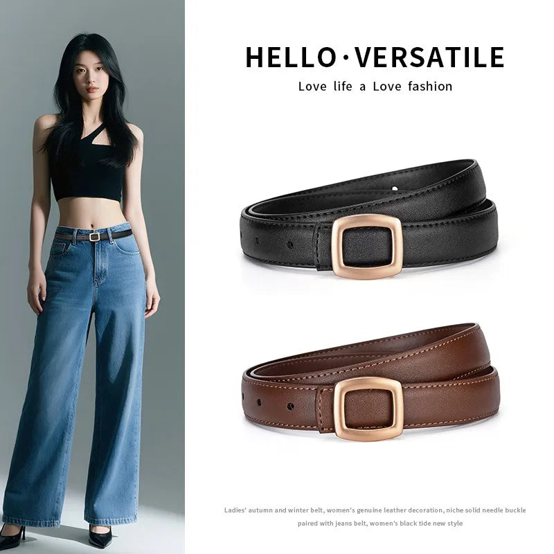 Belts for Women Genuine Leather Luxury Designer Jeans Belt Female Waistband Fashion Square Metal Buckle Belt Lady Black