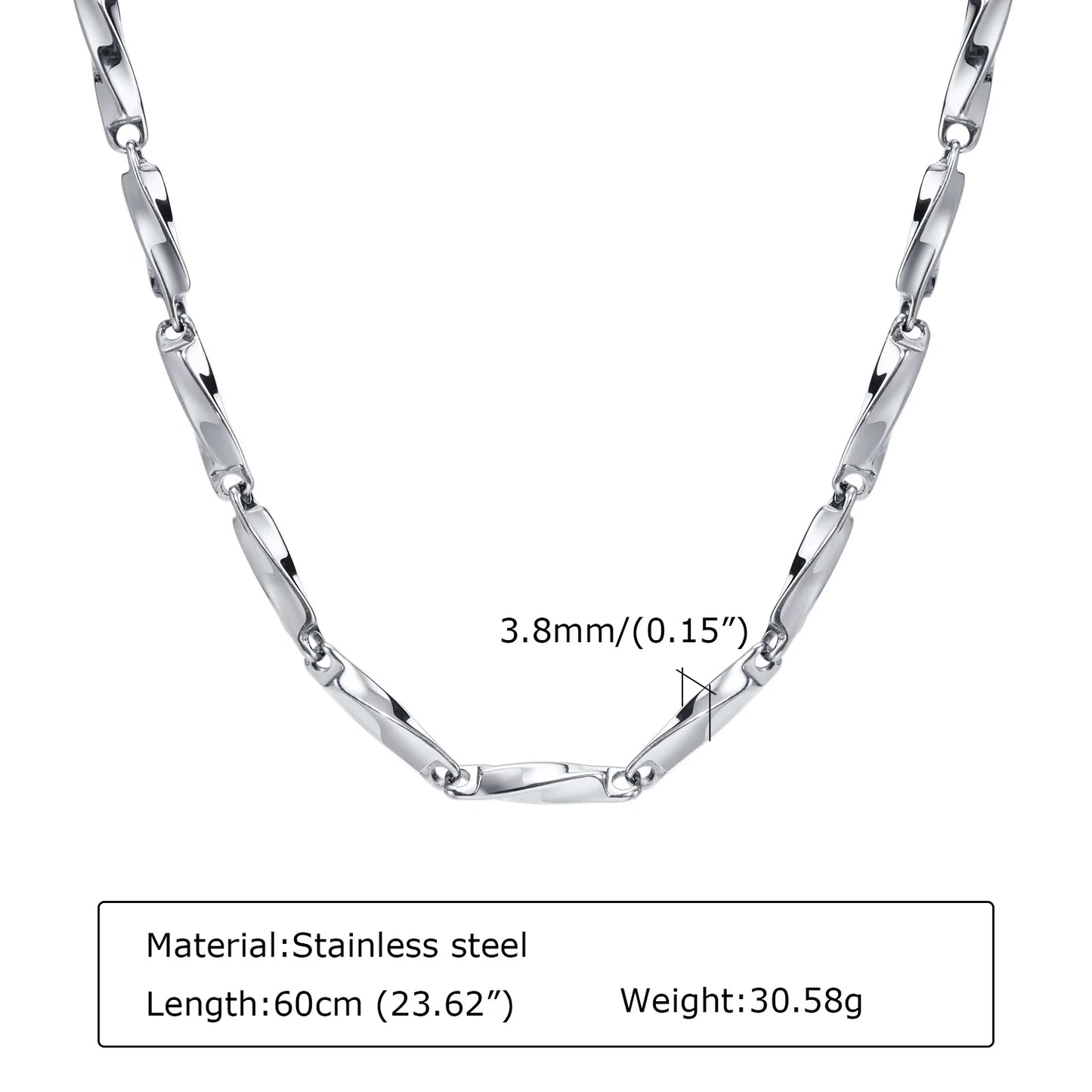 Mens Mobius Chain Necklaces Gifts Jewelry, Silver Color 4mm Wide Stainless Steel Geometric Twisted Links Choker Collar