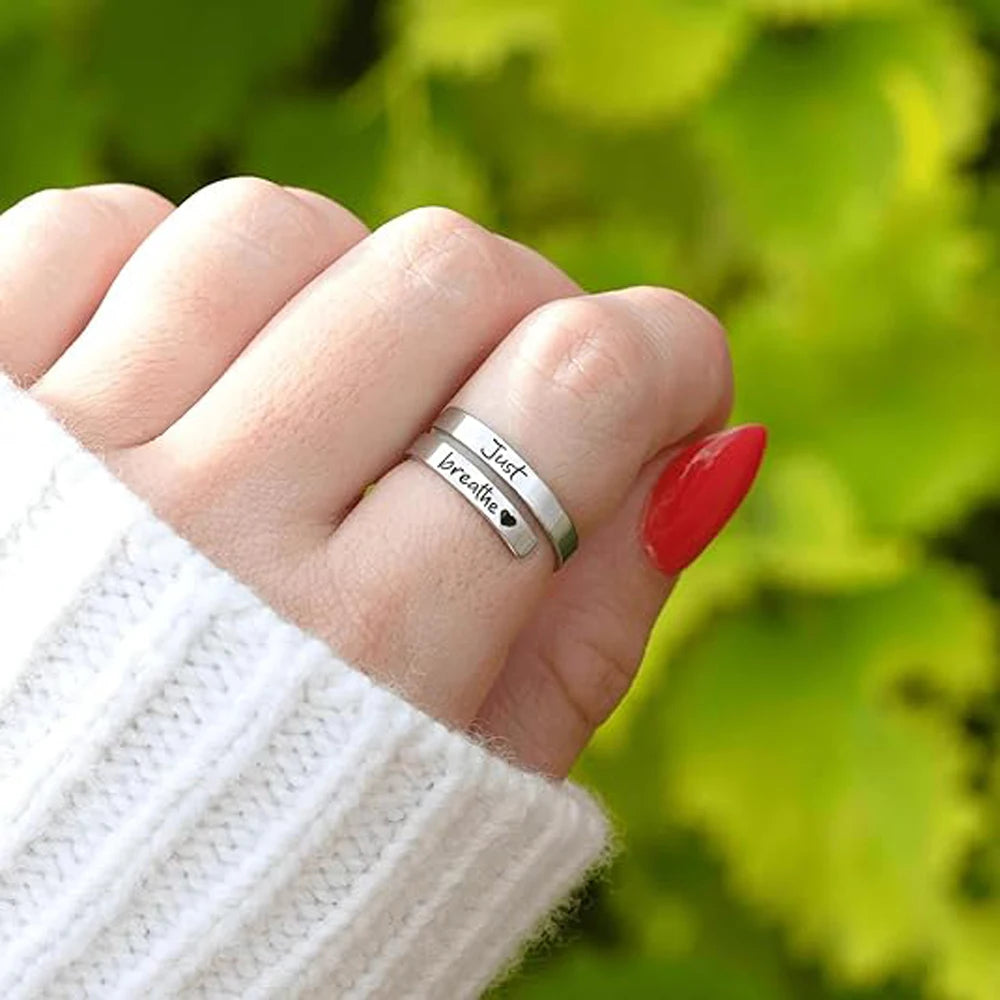 Stainless Steel Ring Just Breathe Ring for Women Men, Spiral Wrap Healing Rings, Inspirational Gifts with Message Card Box