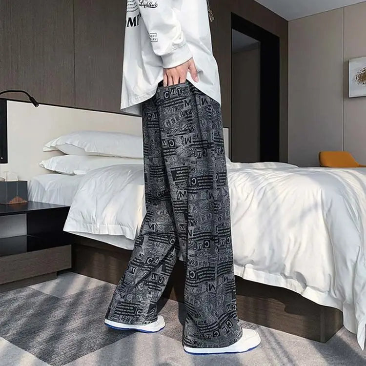 Trendy Harbor Style Retro Wide-leg Pants Used in Old Newspaper Full Print Loose Straight Casual Trousers Men