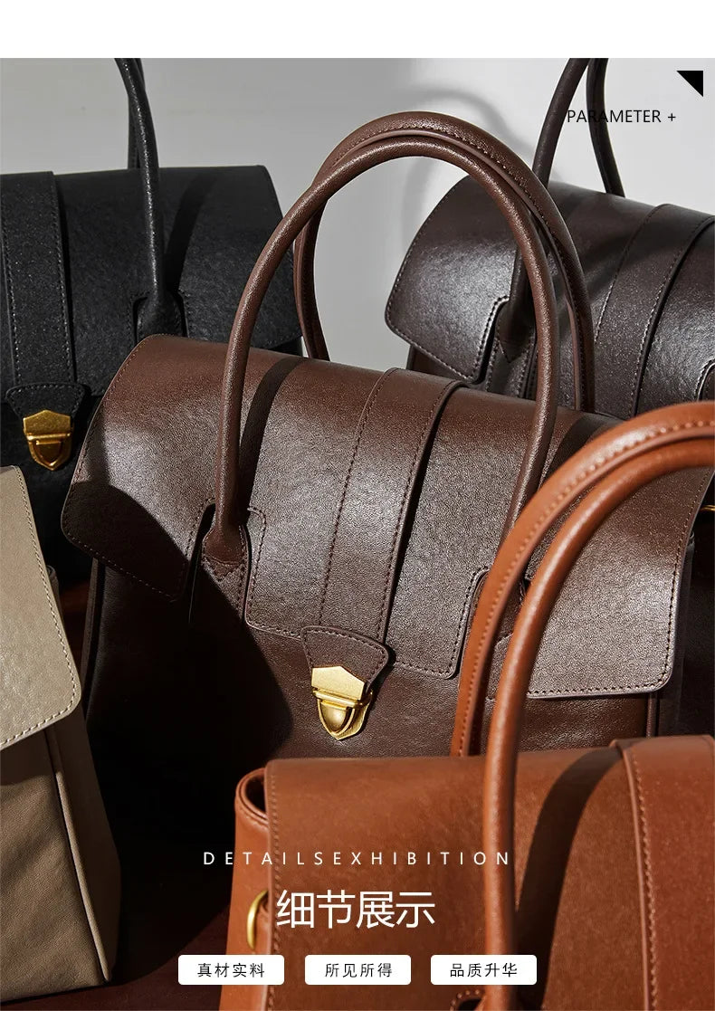 Women's Cow Real Leather Retro Shoulder Bags Ladies Natural Cowhide Bag