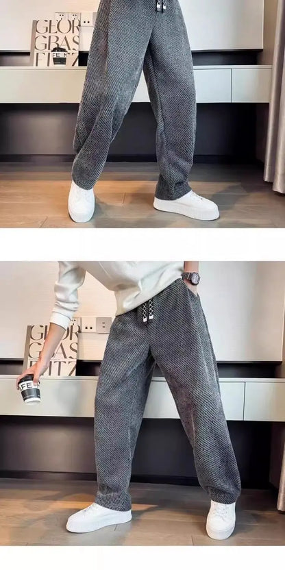 Autumn Winter Loose Men's Sherpa Fabric Straight Pants Man Fashion Thick Pockets Trousers Solid Color Male Clothes