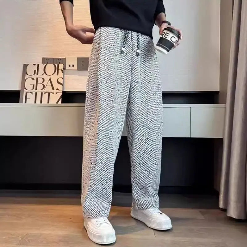Autumn Winter Loose Men's Sherpa Fabric Straight Pants Man Fashion Thick Pockets Trousers Solid Color Male Clothes