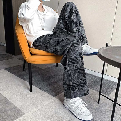 Trendy Harbor Style Retro Wide-leg Pants Used in Old Newspaper Full Print Loose Straight Casual Trousers Men