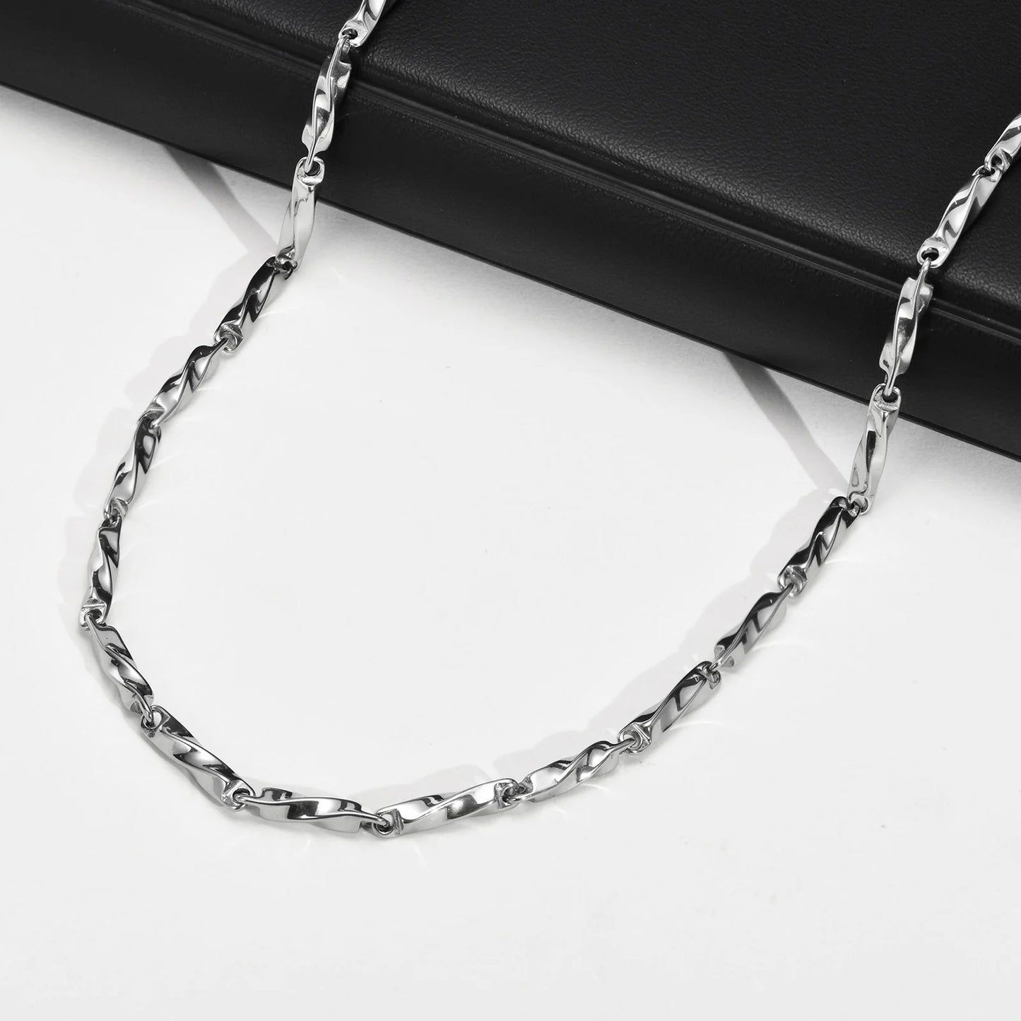 Mens Mobius Chain Necklaces Gifts Jewelry, Silver Color 4mm Wide Stainless Steel Geometric Twisted Links Choker Collar