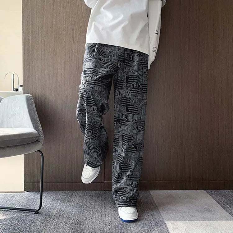 Trendy Harbor Style Retro Wide-leg Pants Used in Old Newspaper Full Print Loose Straight Casual Trousers Men