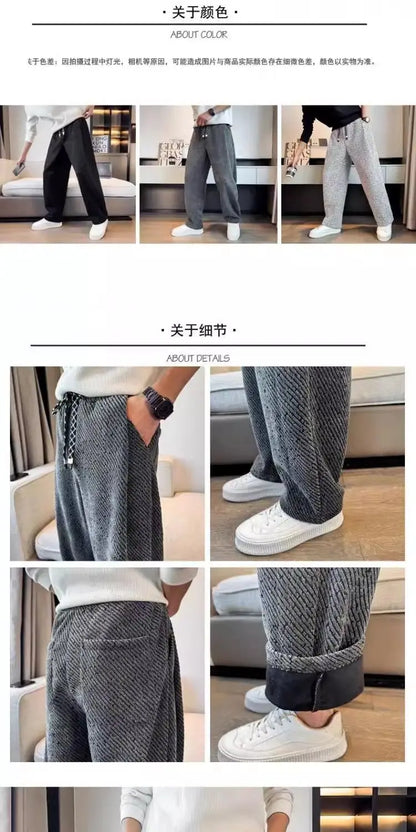 Autumn Winter Loose Men's Sherpa Fabric Straight Pants Man Fashion Thick Pockets Trousers Solid Color Male Clothes