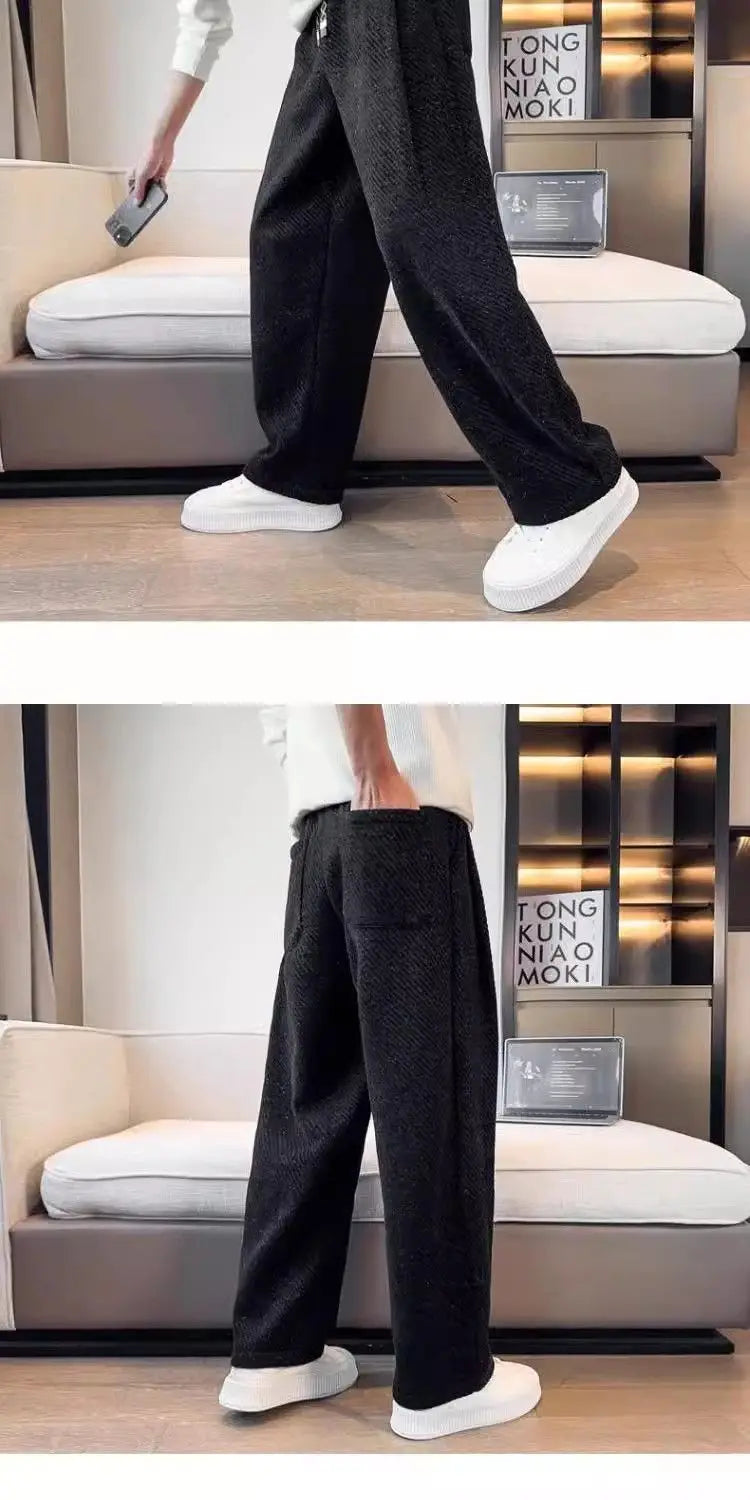 Autumn Winter Loose Men's Sherpa Fabric Straight Pants Man Fashion Thick Pockets Trousers Solid Color Male Clothes