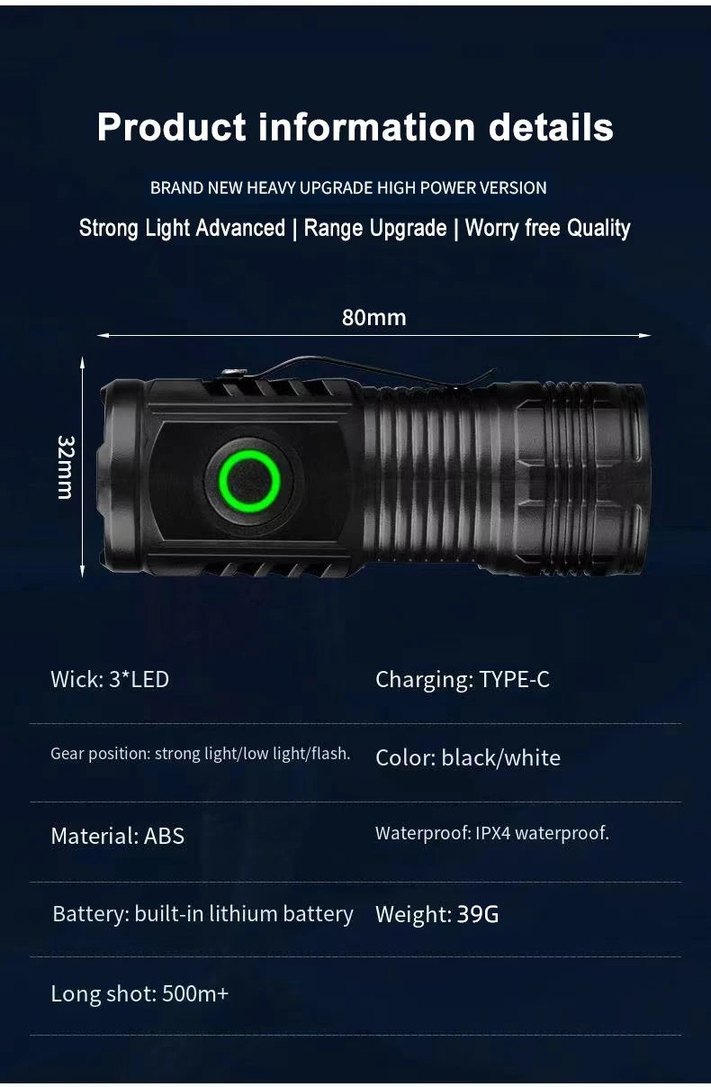 LED Strong Light Flashlight Rechargeable Multi functional for Long Range Portable Outdoor