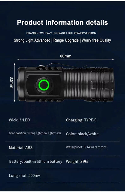 LED Strong Light Flashlight Rechargeable Multi functional for Long Range Portable Outdoor