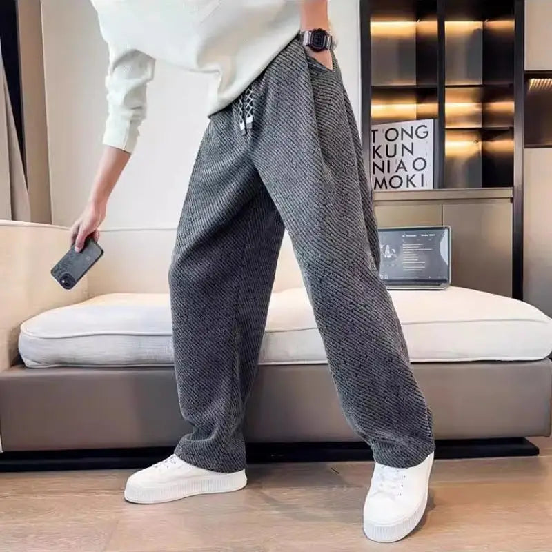 Autumn Winter Loose Men's Sherpa Fabric Straight Pants Man Fashion Thick Pockets Trousers Solid Color Male Clothes
