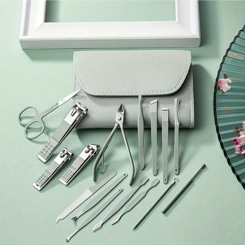 16pcs Professional Manicure & Pedicure Set – Nail Clippers, Cuticle Nippers & Grooming Tools with Travel Case