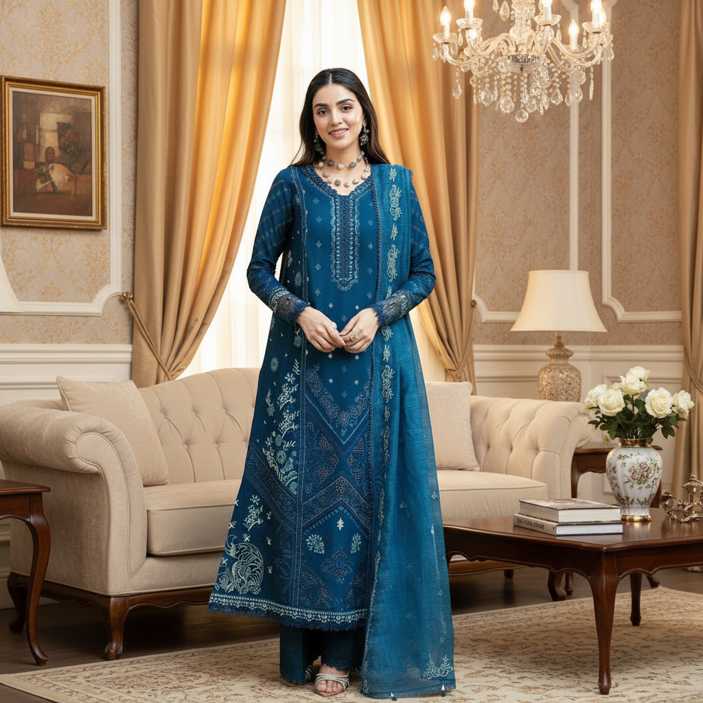 Qalamkar, Lawn with Chiffon & Emb. dupatta