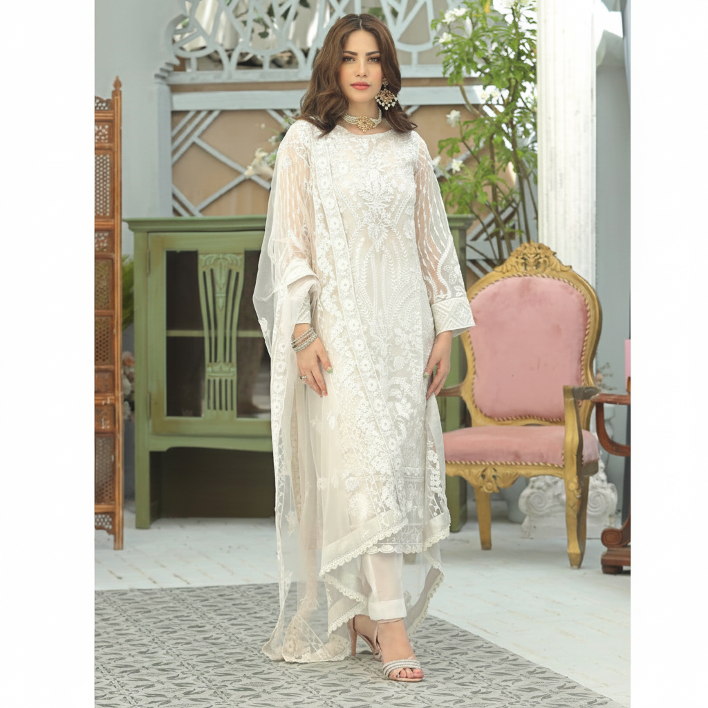PARTY SUIT worn by NEELUM MUNIR, Organza shirt Front Full Heavy Embroidered With Sequence