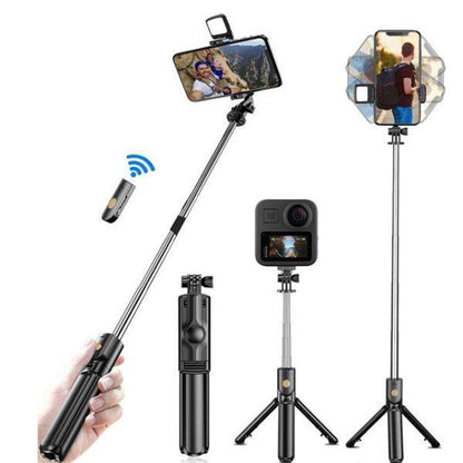 : 4 in 1 Selfie Stick Tripod with Light & Bluetooth Remote |Foldable & Extendable (70cm) Mobile Holder