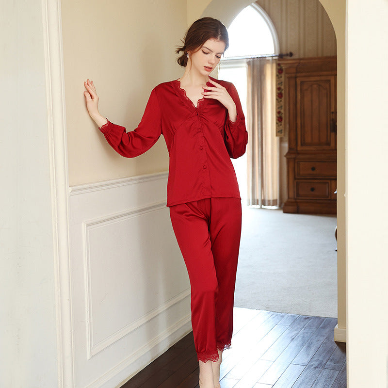 Women fine Silk Shirt & trouser with Lace Home Wear