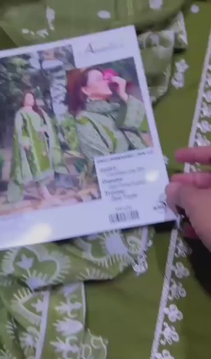 Aneela's  Embroidered lawn  3Pcs, vibrant olive colour