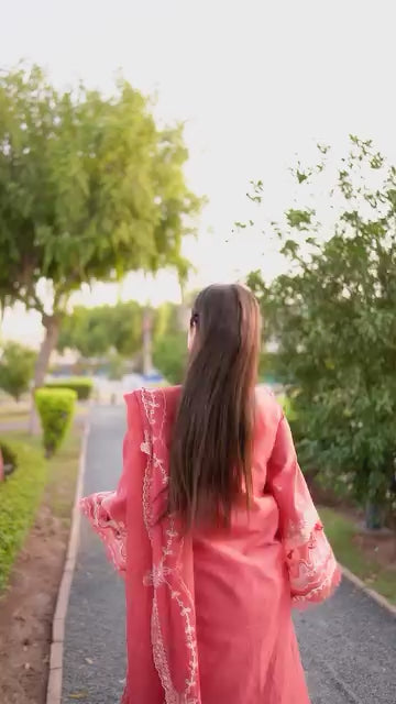 Bin-illyas, embroidered lawn shirt and trouser with cotton Net dupatta.