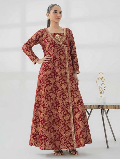 Red-Gold Khaddar Angrakha- Embroidered pret Hot Sale!