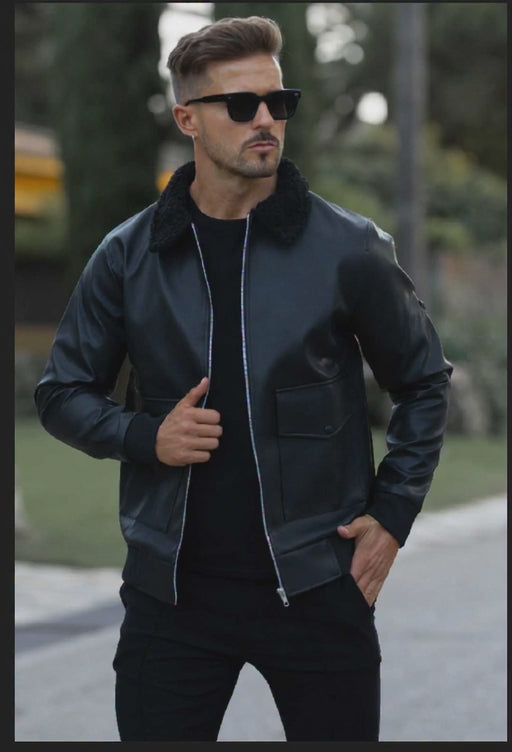 Leather biker faux jacket black