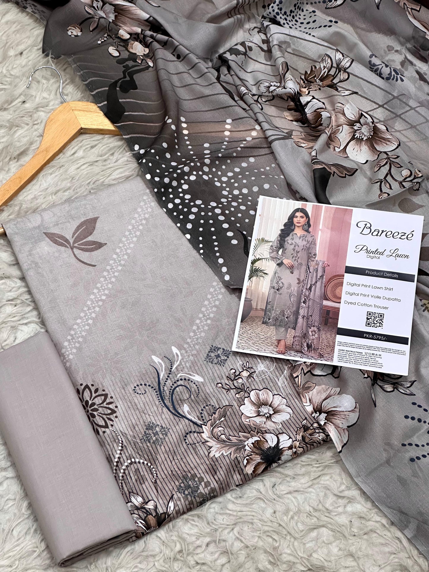 Bareezé printed lawn shirt, voille dupatta, dyed cotton trouser