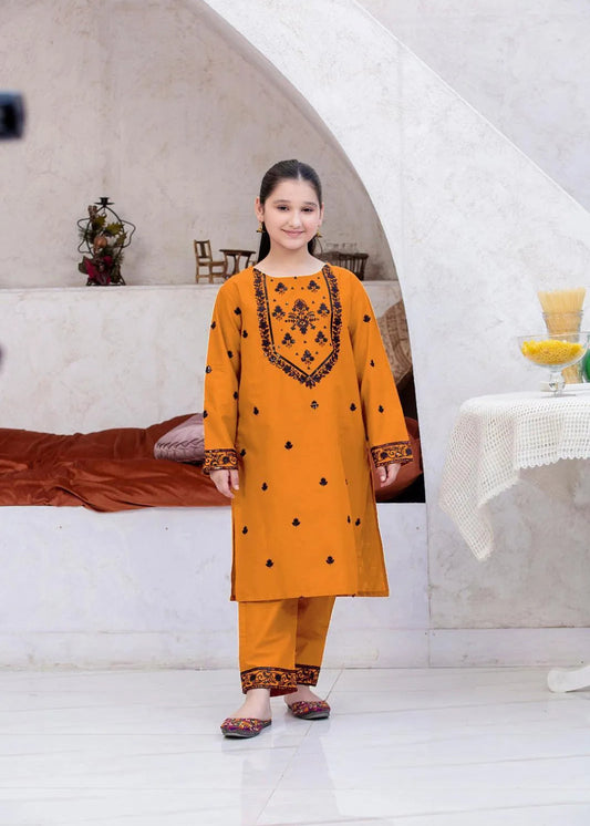 Yellow linen embroidered kurta shalwar 2 Pcs