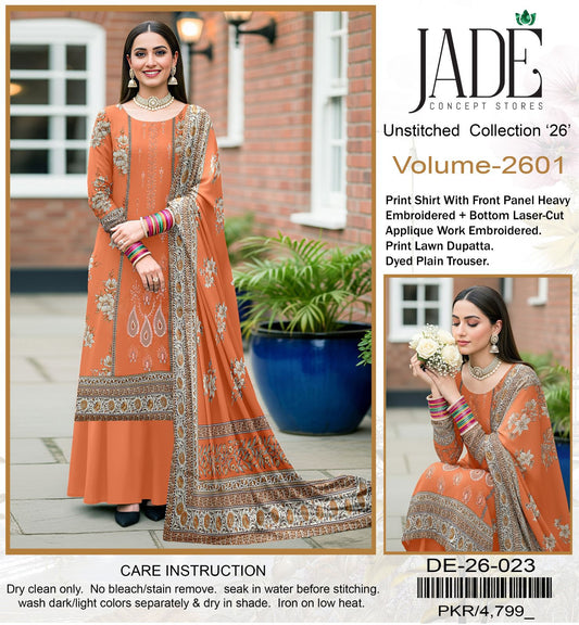 SUMMER COLLECTIONS Best Quality Pure Airjet lawn 90/70* Front Panel full Embroidered.