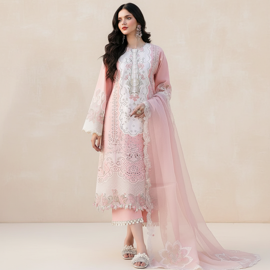 Bin illyas Luxury, Lawn with khaadi net Emb Dopatta,3 Pcs Suit*