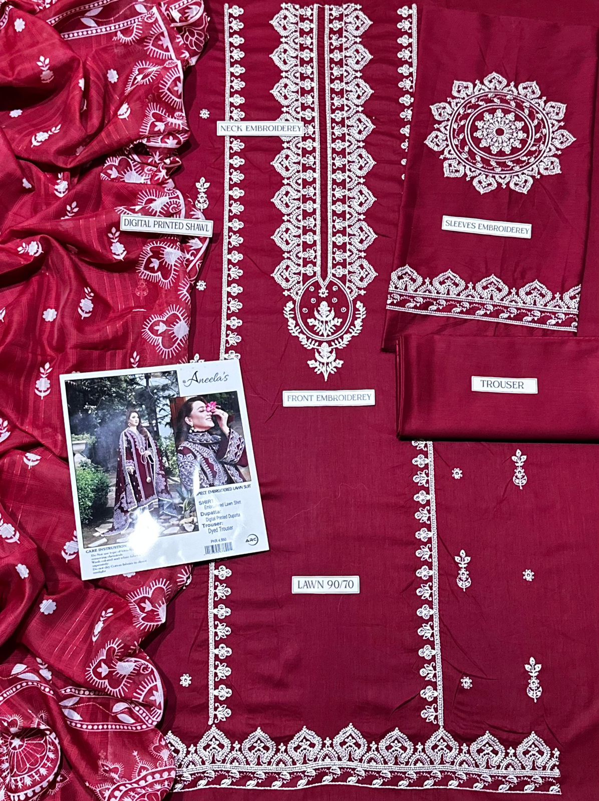 Aneela's Lawn 3-PCS Embroidered Mehroon Color
